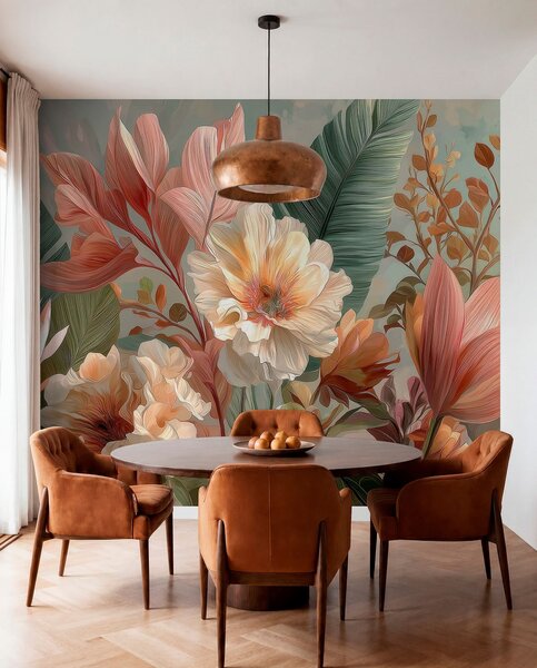 Tapet Flori cu frunze, Imagini de fundal unice, w05378 : Uwalls.ro
