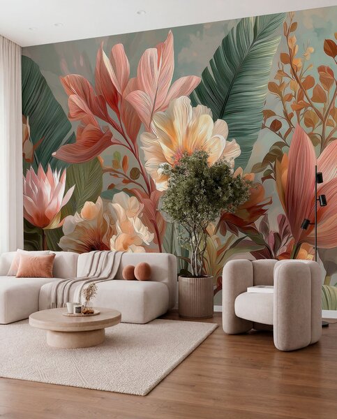 Tapet Flori cu frunze, Imagini de fundal unice, w05378 : Uwalls.ro