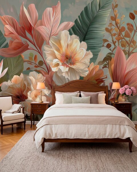 Tapet Flori cu frunze, Imagini de fundal unice, w05378 : Uwalls.ro