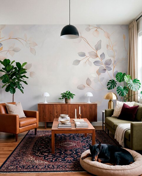Tapet Ramuri cu frunze delicate pe un fundal estompat, Fototapet Acuarelă, w05296 : Uwalls.ro