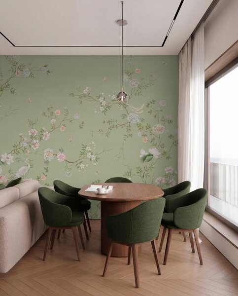 Tapet Ramuri înflorite cu păsări pe fond verde deschis, Fototapet în stil oriental, w05416 : Uwalls.ro