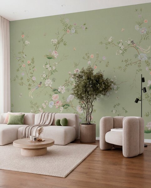 Tapet Ramuri înflorite cu păsări pe fond verde deschis, Fototapet în stil oriental, w05416 : Uwalls.ro