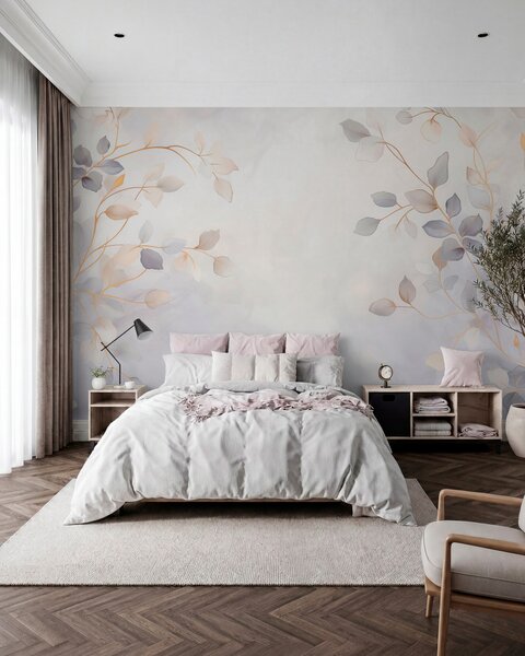 Tapet Ramuri cu frunze delicate pe un fundal estompat, Fototapet Acuarelă, w05296 : Uwalls.ro