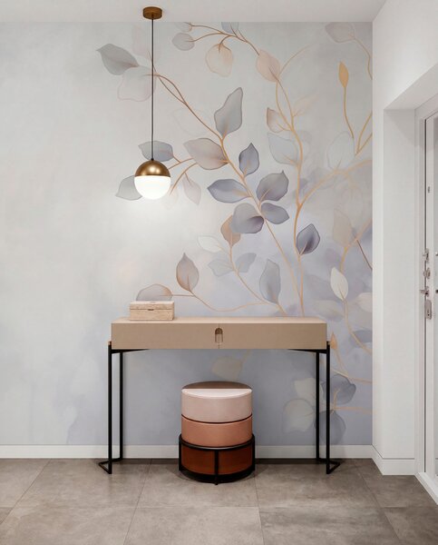 Tapet Ramuri cu frunze delicate pe un fundal estompat, Fototapet Acuarelă, w05296 : Uwalls.ro
