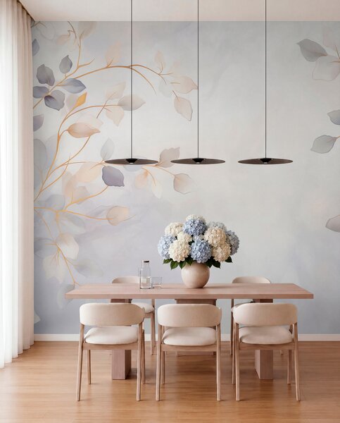 Tapet Ramuri cu frunze delicate pe un fundal estompat, Fototapet Acuarelă, w05296 : Uwalls.ro