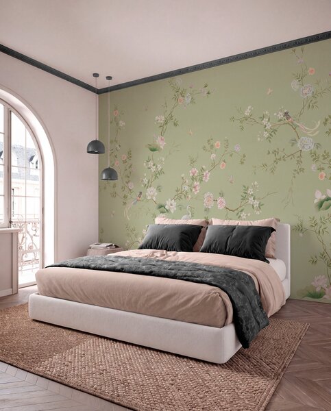 Tapet Ramuri înflorite cu păsări pe fond verde deschis, Fototapet în stil oriental, w05416 : Uwalls.ro