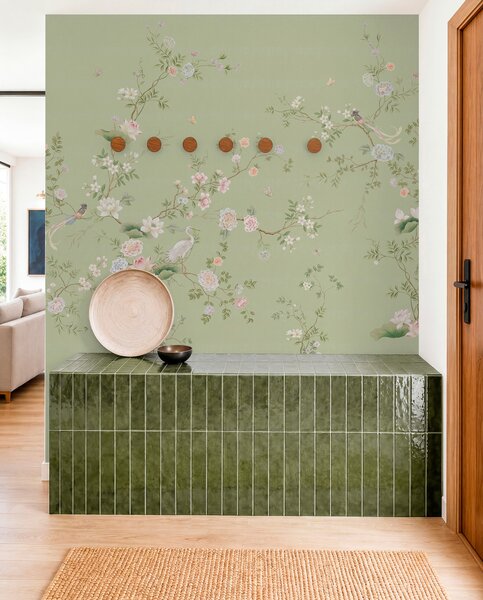 Tapet Ramuri înflorite cu păsări pe fond verde deschis, Fototapet în stil oriental, w05416 : Uwalls.ro