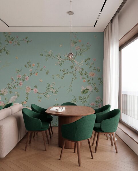 Tapet Ramuri înflorite cu păsări pe fundal albastru, Fototapet în stil oriental, w05416v1 : Uwalls.ro