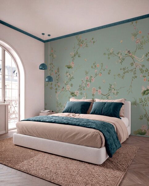 Tapet Ramuri înflorite cu păsări pe fundal albastru, Fototapet în stil oriental, w05416v1 : Uwalls.ro