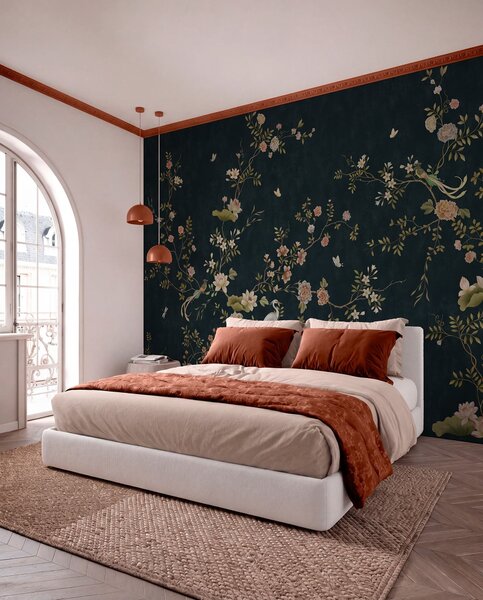 Tapet Ramuri înflorite cu păsări pe fundal întunecat, Fototapet în stil oriental, w05416v3 : Uwalls.ro