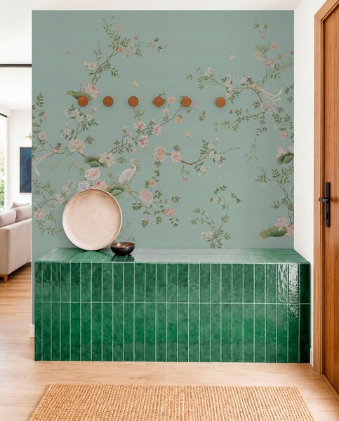 Tapet Ramuri înflorite cu păsări pe fundal albastru, Fototapet în stil oriental, w05416v1 : Uwalls.ro