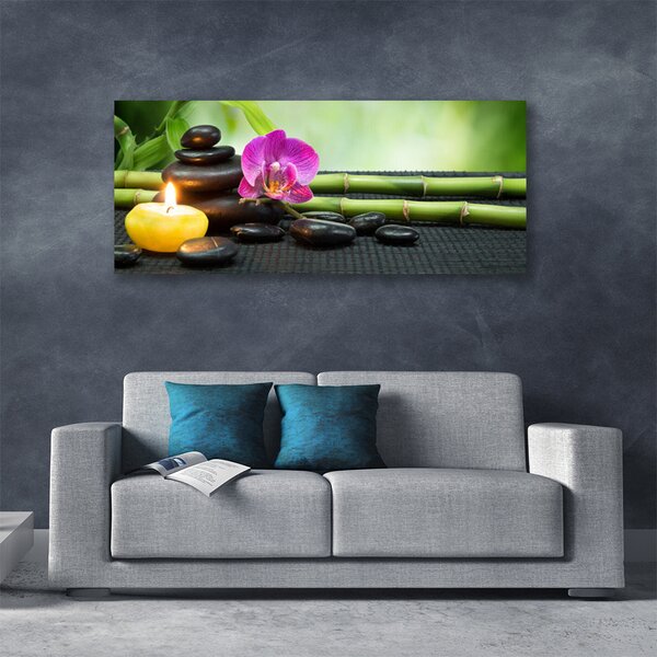 Tablou pe panza canvas Bamboo flori Stones Lumânare Arta Verde Roz Negru Galben