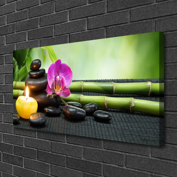 Tablou pe panza canvas Bamboo flori Stones Lumânare Arta Verde Roz Negru Galben