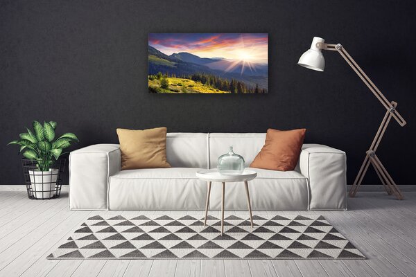 Tablou pe panza canvas Mountain Forest Soare Peisaj Albastru Verde Galben