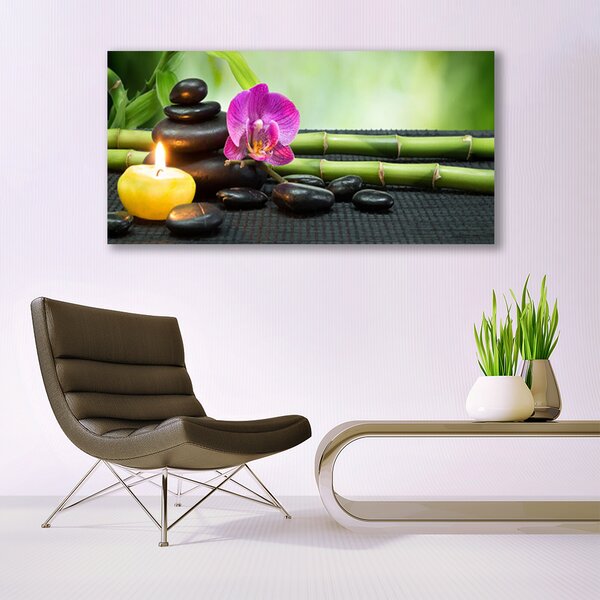 Tablou pe panza canvas Bamboo flori Stones Lumânare Arta Verde Roz Negru Galben