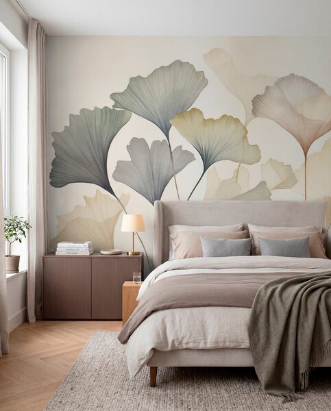 Tapet Frunze de ginkgo abstractizate, în nuanțe pastelate discrete precum albastru, verde și piersic, lucrare, Fototapet Natură, w09810 : Uwalls.ro