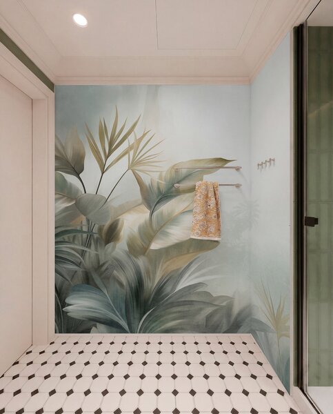 Tapet Frunze tropicale mari, cu textură, în nuanțe discrete de verde și bej, într-un decor de junglă, Fototapet Acuarelă, w09820 : Uwalls.ro