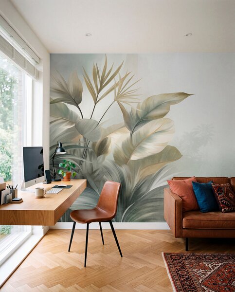 Tapet Frunze tropicale mari, cu textură, în nuanțe discrete de verde și bej, într-un decor de junglă, Fototapet Acuarelă, w09820 : Uwalls.ro
