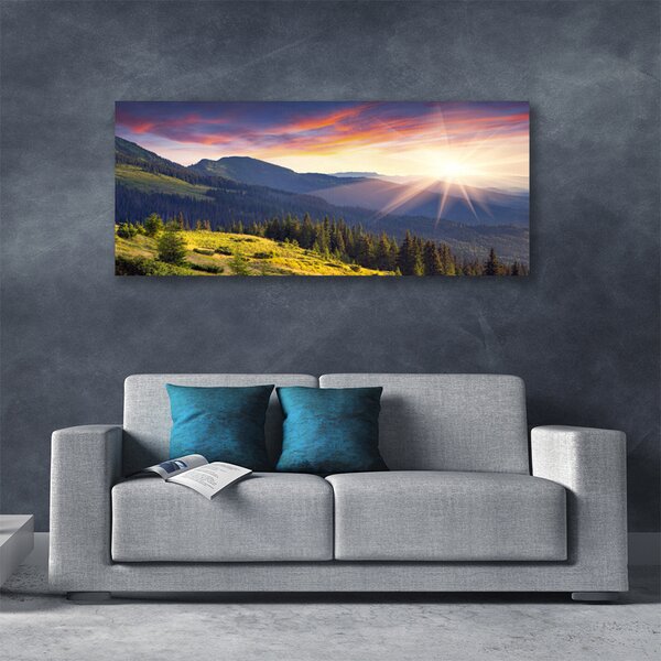 Tablou pe panza canvas Mountain Forest Soare Peisaj Albastru Verde Galben