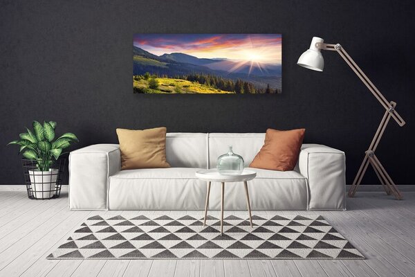 Tablou pe panza canvas Mountain Forest Soare Peisaj Albastru Verde Galben