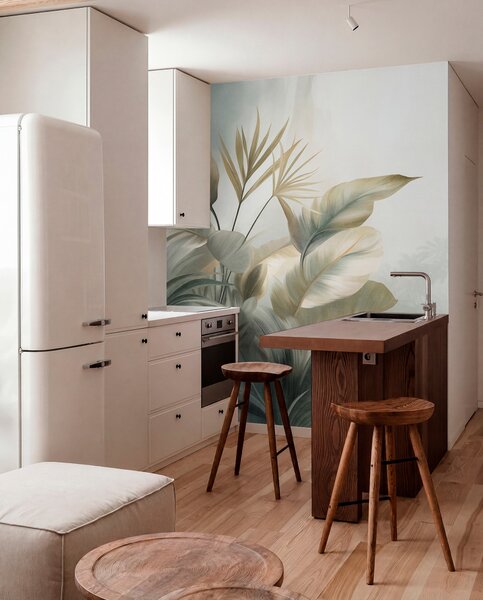 Tapet Frunze tropicale mari, cu textură, în nuanțe discrete de verde și bej, într-un decor de junglă, Fototapet Acuarelă, w09820 : Uwalls.ro