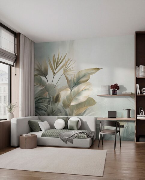 Tapet Frunze tropicale mari, cu textură, în nuanțe discrete de verde și bej, într-un decor de junglă, Fototapet Acuarelă, w09820 : Uwalls.ro