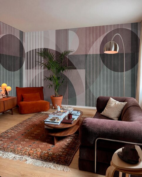 Tapet Forme geometrice abstracte compuse din cercuri și linii, în nuanțe discrete, cu textură, într-o, Fototapet Geometrie, w09834v1 : Uwalls.ro