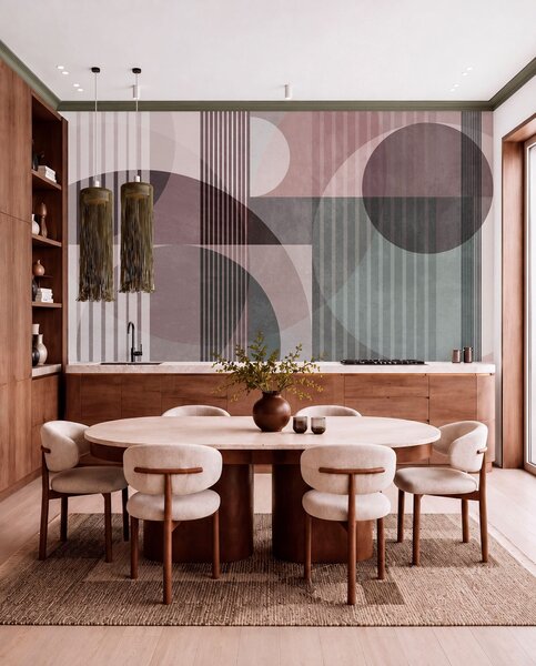 Tapet Forme geometrice abstracte compuse din cercuri și linii, în nuanțe discrete, cu textură, într-o, Fototapet Geometrie, w09834v1 : Uwalls.ro
