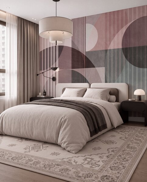 Tapet Forme geometrice abstracte compuse din cercuri și linii, în nuanțe discrete, cu textură, într-o, Fototapet Geometrie, w09834v1 : Uwalls.ro