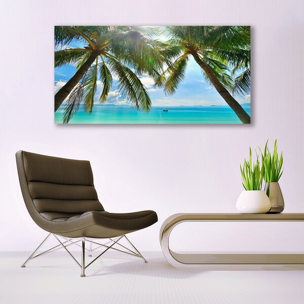 Tablou pe panza canvas Palm Sea peisaj copac Maro Verde Albastru