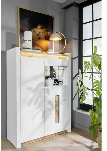 Vitrina ALAMEDA, alb/stejar, PAL/sticla securizata, 102x41x141 cm