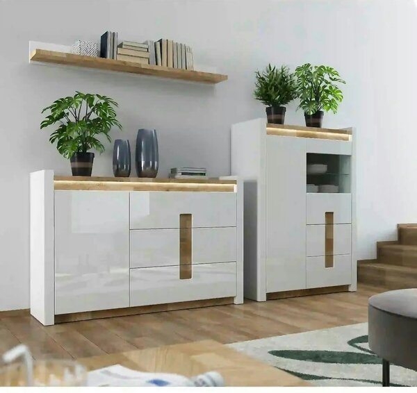 Vitrina ALAMEDA, alb/stejar, PAL/sticla securizata, 102x41x141 cm
