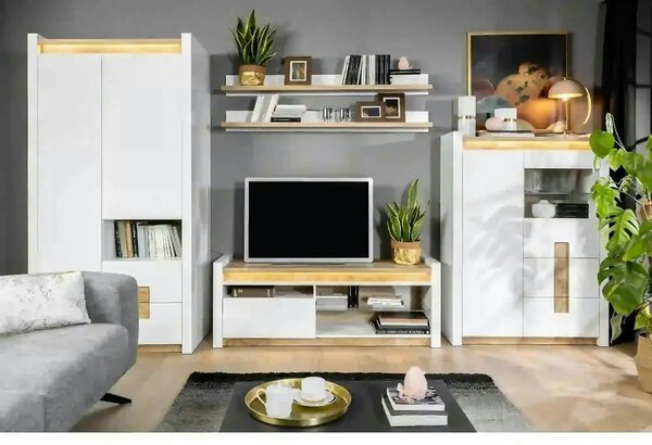 Vitrina ALAMEDA, alb/stejar, PAL/sticla securizata, 102x41x141 cm