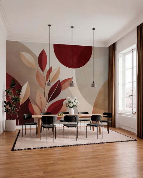 Tapet Frunze texturate în nuanțe de bordo și bej pe un fundal de forme abstracte, minimalism, artă, Imagini de fundal unice, w09829 : Uwalls.ro