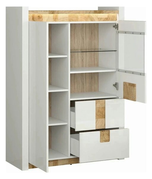 Vitrina ALAMEDA, alb/stejar, PAL/sticla securizata, 102x41x141 cm
