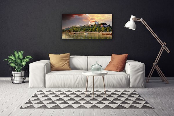 Tablou pe panza canvas City Lake Peisaj Alb Brun Verde