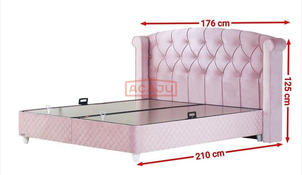 Pat Visco Lux 140x200, stofa catifelata roz, cu suport saltea si lada