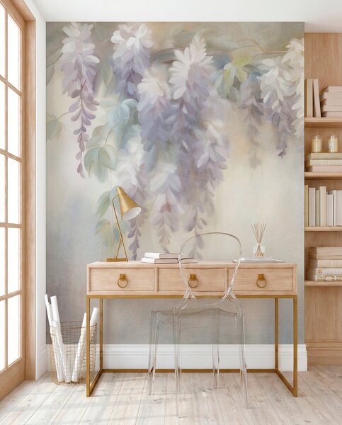 Tapet Flori de glicină de culoare violet deschis, cu textură, atârnând alături de frunze verzi, pe un fundal, Fototapet Natură, w09896 : Uwalls.ro