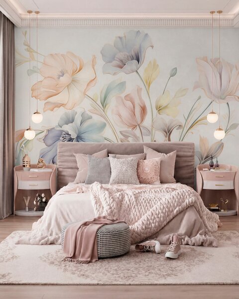 Tapet Flori delicate în nuanțe pastelate de roz, albastru și galben, cu frunze verzi, pe un fundal deschis, Fototapet Acuarelă, w09898 : Uwalls.ro