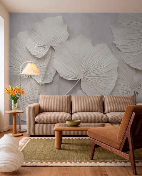 Tapet Frunze mari, cu textură, pe un fundal delicat și discret, artă modernă minimalistă, Imagini de fundal unice, w09897 : Uwalls.ro