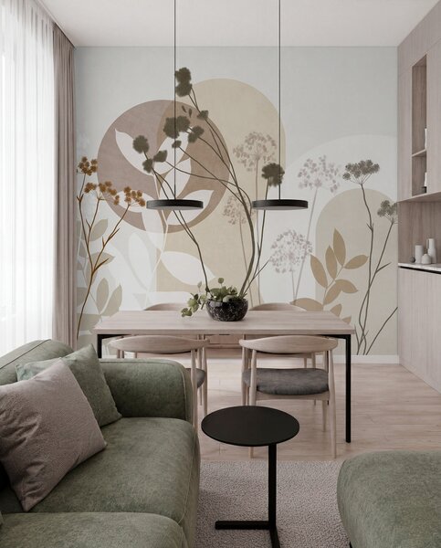 Tapet Compoziție botanică și minimalistă din flori și frunze uscate, cu elemente geometrice, Fototapet 3D, Fototapet 3D Flori, w09906 : Uwalls.ro