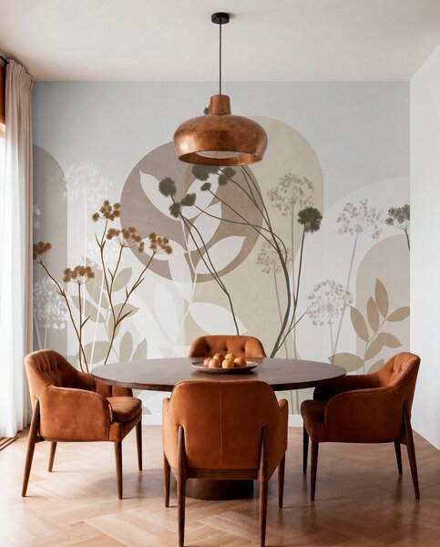 Tapet Compoziție botanică și minimalistă din flori și frunze uscate, cu elemente geometrice, Fototapet 3D, Fototapet 3D Flori, w09906 : Uwalls.ro