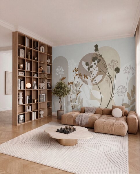 Tapet Compoziție botanică și minimalistă din flori și frunze uscate, cu elemente geometrice, Fototapet 3D, Fototapet 3D Flori, w09906 : Uwalls.ro
