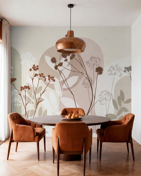 Tapet Compoziție botanică și minimalistă din flori și frunze uscate, cu elemente geometrice, Fototapet 3D, Fototapet 3D Flori, w09906v1 : Uwalls.ro