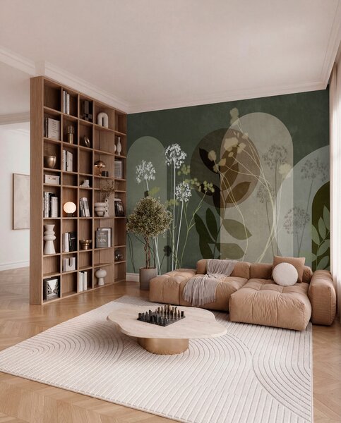Tapet Compoziție botanică și minimalistă din flori și frunze uscate, cu elemente geometrice, Fototapet 3D, Fototapet 3D Flori, w09906v2 : Uwalls.ro