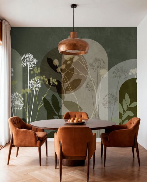 Tapet Compoziție botanică și minimalistă din flori și frunze uscate, cu elemente geometrice, Fototapet 3D, Fototapet 3D Flori, w09906v2 : Uwalls.ro
