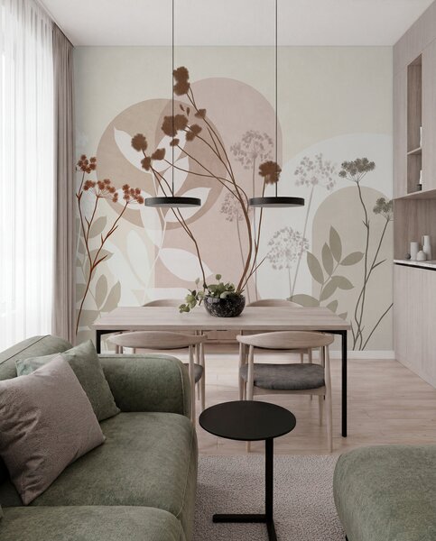 Tapet Compoziție botanică și minimalistă din flori și frunze uscate, cu elemente geometrice, Fototapet 3D, Fototapet 3D Flori, w09906v1 : Uwalls.ro