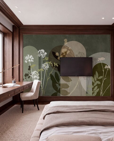 Tapet Compoziție botanică și minimalistă din flori și frunze uscate, cu elemente geometrice, Fototapet 3D, Fototapet 3D Flori, w09906v2 : Uwalls.ro