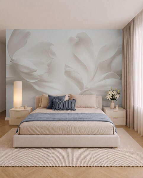 Tapet Flori de magnolie albe, cu textură și petale delicate, pe un fundal deschis, estompat, Fototapet 3D, Fototapet 3D Flori, w09771 : Uwalls.ro