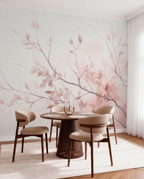 Tapet Ramuri delicate cu frunze de un roz pal, pe un fundal deschis, în stil acuarelă, Imagini de fundal unice, w09910 : Uwalls.ro